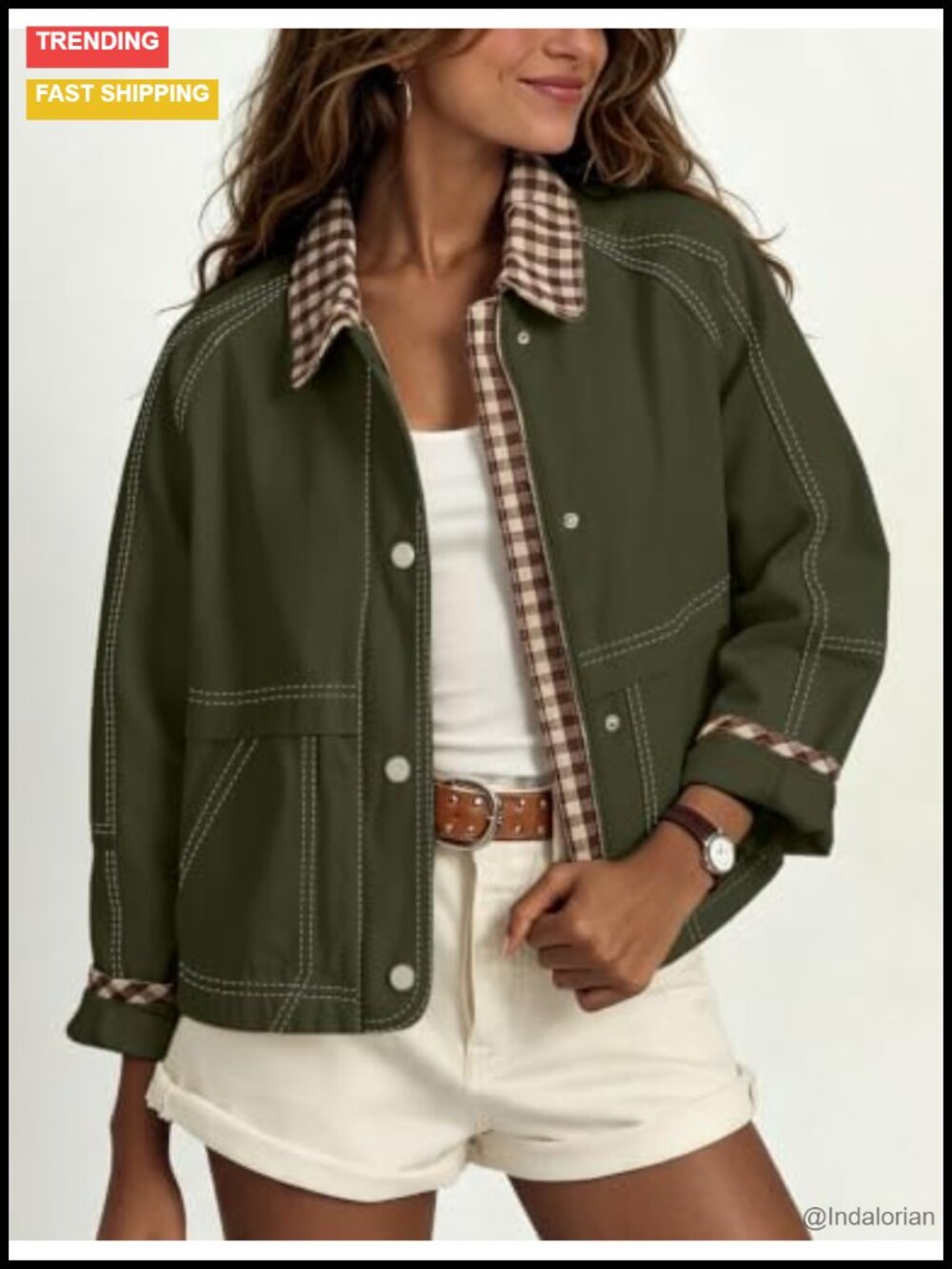 Women's Cropped Plaid Barn Jacket Lightweight Bomber Coat - Picture 2 of 6